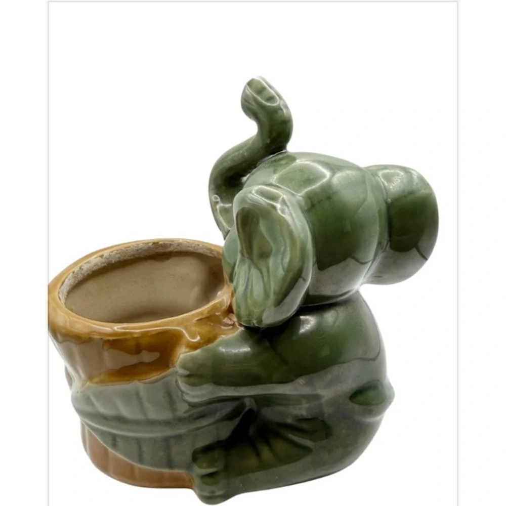VTG Lucky Trunk Up Elephant Planter Cachepot Pair  Ceramic Green Brown MCM Decor